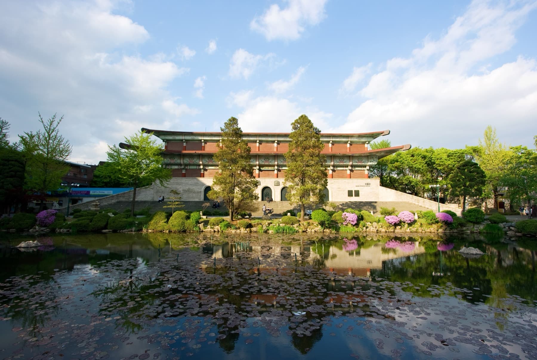 Gedung museum kampus Sejong University berdiri di tepi kolam teratai